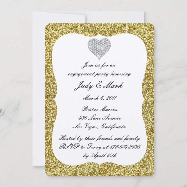 Gold Glitter Diamond Heart Engagement Party Invite (Front)