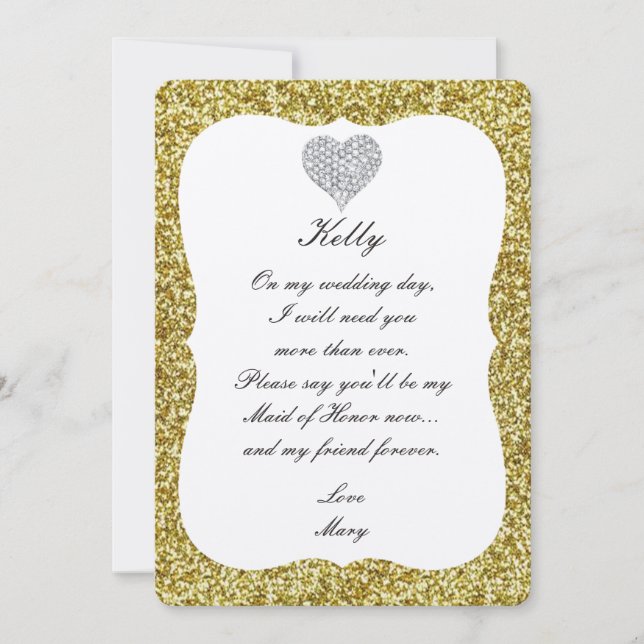 Gold Glitter Diamond Heart Maid Of Honor Card (Front)