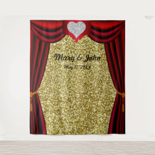 Gold Glitter Diamond Heart Red Curtain Backdrop