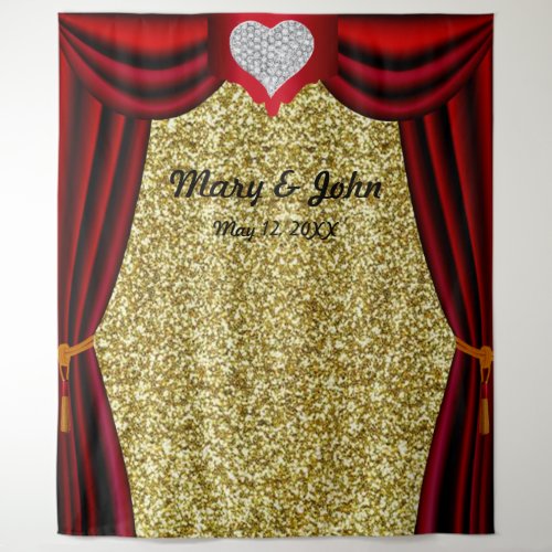 Gold Glitter Diamond Heart Red Curtain Backdrop