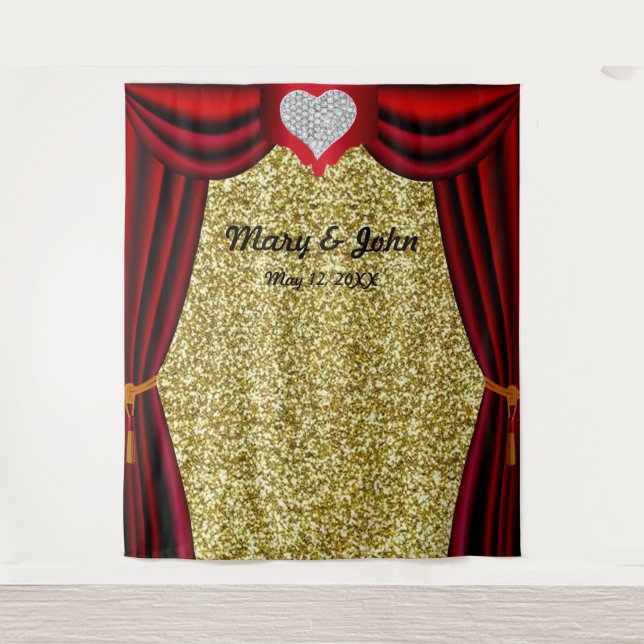 Gold Glitter Diamond Heart Red Curtain Backdrop (Front)