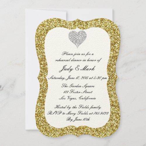 Gold Glitter Diamond Heart Rehearsal Dinner Invite