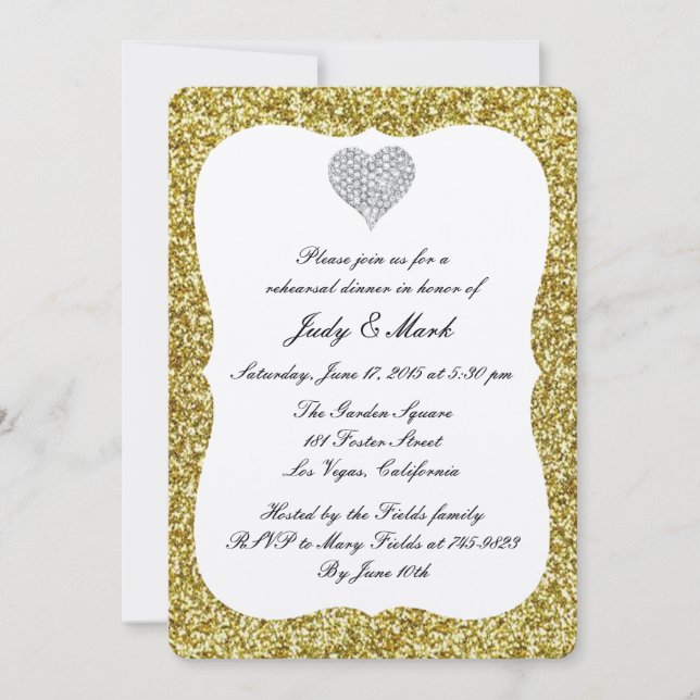 Gold Glitter Diamond Heart Rehearsal Dinner Invite (Front)
