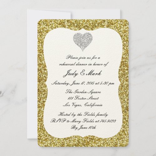 Gold Glitter Diamond Heart Rehearsal Dinner Invite