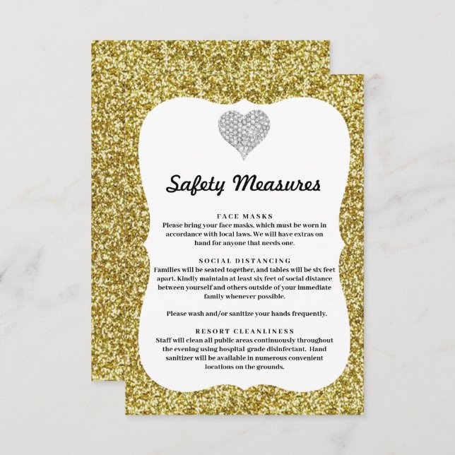 Gold Glitter Diamond Heart Safety Measures Enclosure Card (Front/Back)