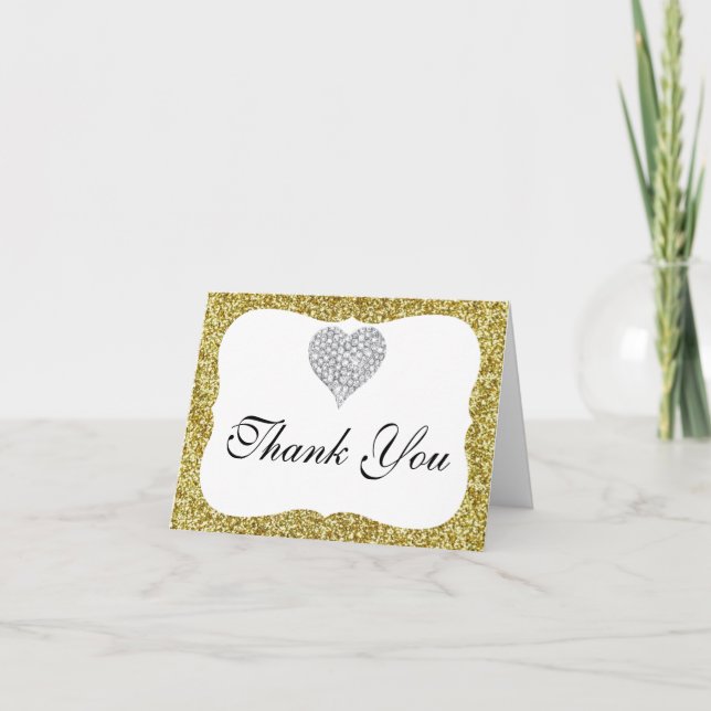 Gold Glitter Diamond Heart Thank You Card (Front)