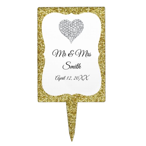 Gold Glitter Diamond Heart Wedding Cake Topper