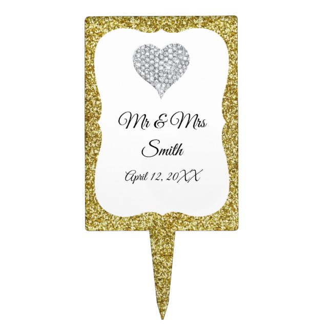 Gold Glitter Diamond Heart Wedding Cake Topper (Front)