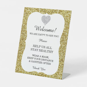 Gold Glitter Diamond Heart Wedding Safety  Pedestal Sign