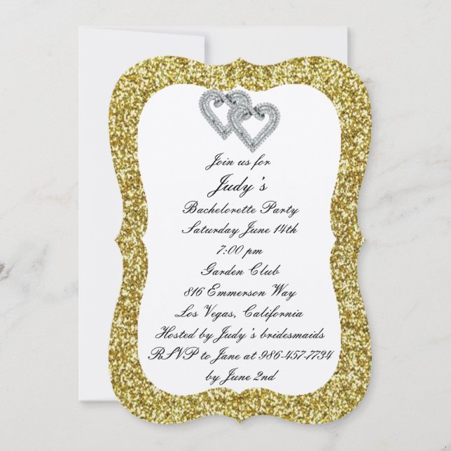 Gold Glitter Diamond Hearts Bachelorette Party Invitation (Front)