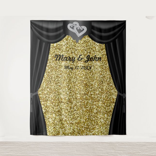 Gold Glitter Diamond Hearts Black Curtain Backdrop (Front)