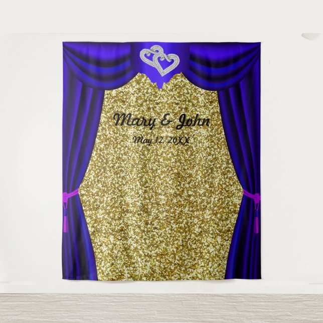 Gold Glitter Diamond Hearts Blue Curtain Backdrop (Front)
