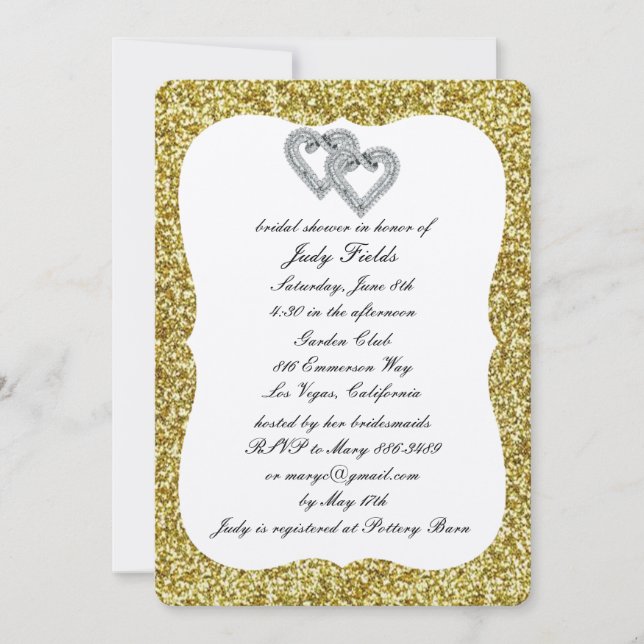 Gold Glitter Diamond Hearts Bridal Shower Invite (Front)
