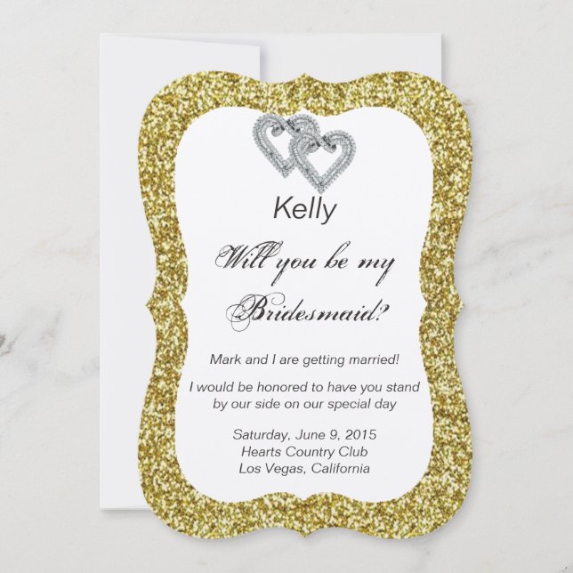 Gold Glitter Diamond Hearts Bridesmaid Card (Front)