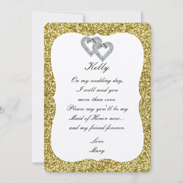 Gold Glitter Diamond Hearts Maid Of Honor Card (Front)