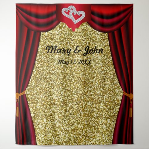 Gold Glitter Diamond Hearts Red Curtain Backdrop