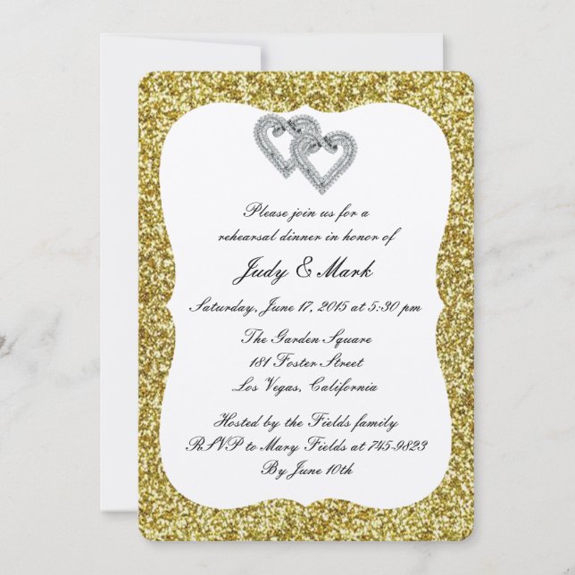 Gold Glitter Diamond Hearts Rehearsal Dinner Invitation (Front)