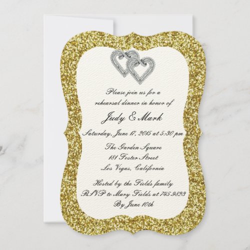 Gold Glitter Diamond Hearts Rehearsal Dinner Invitation