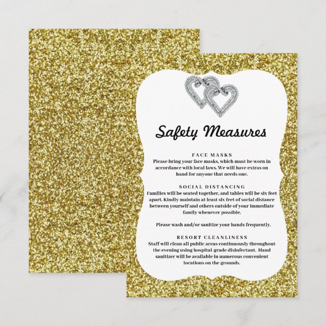 Gold Glitter Diamond Hearts Safety Measures Enclosure Card (Front/Back)