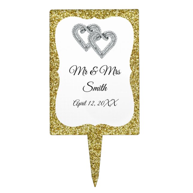 Gold Glitter Diamond Hearts Wedding Cake Topper (Front)