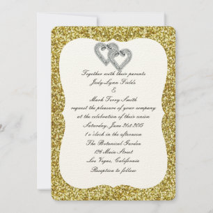 Gold Glitter Diamond Hearts Wedding Invitation