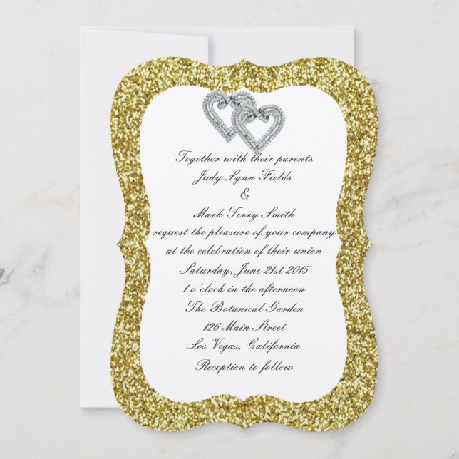 Gold Glitter Diamond Hearts Wedding Invitation (Front)