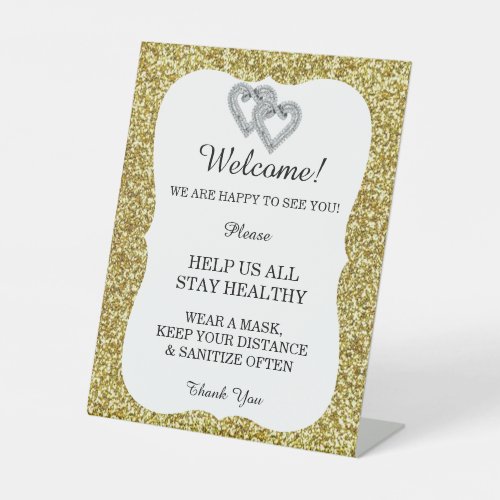 Gold Glitter Diamond Hearts Wedding Safety  Pedestal Sign