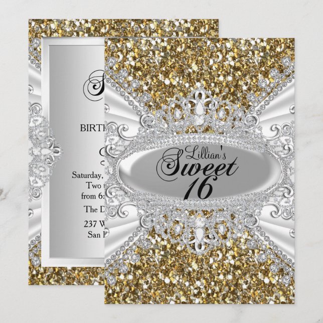 Gold Glitter Diamond Tiara Sweet 16 Invite (Front/Back)
