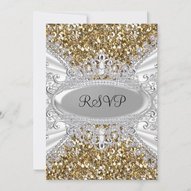 Gold Glitter & Diamond Tiara Sweet 16 RSVP Invitation (Front)