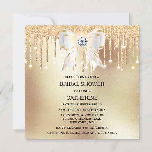 Gold glitter diamond white bow shimmer lights invitation