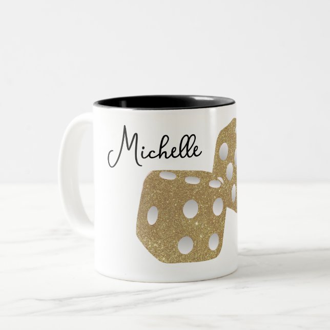 Gold Glitter Dice Personalized Name Two-Tone Coffee Mug (Front Left)