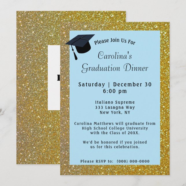Gold Glitter Dinner Light Blue Graduation Invitation (Front/Back)