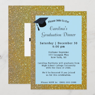 Gold Glitter Dinner Light Blue Graduation Invitation