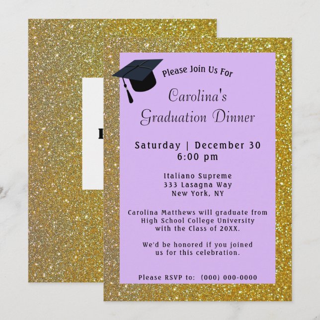 Gold Glitter Dinner Purple Graduation Invitation (Front/Back)