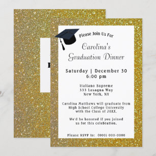 Gold Glitter Dinner White Graduation Invitation