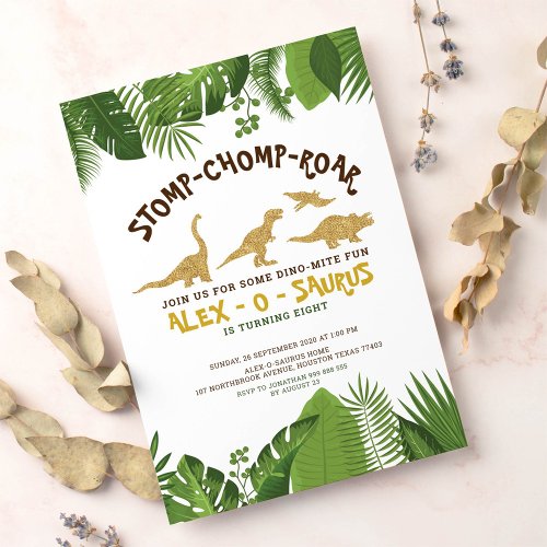 Gold Glitter Dinosaur Tropical Forest Birthday Invitation
