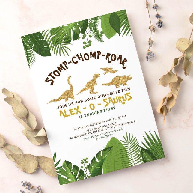Gold Glitter Dinosaur Tropical Forest Birthday Invitation (Creator Uploaded)