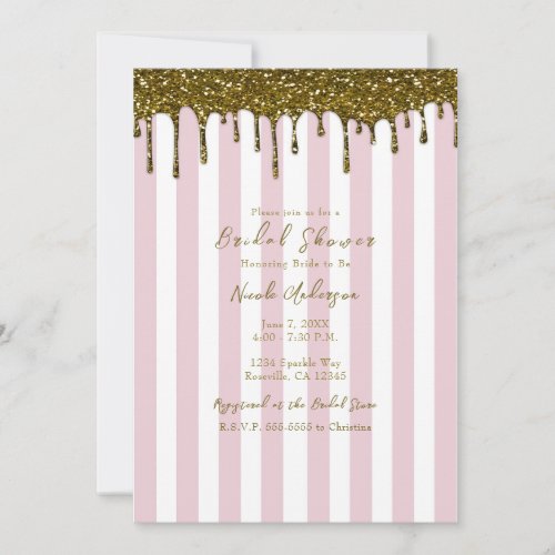 Gold Glitter Dip Pink Candy Stripes Bridal Shower Invitation