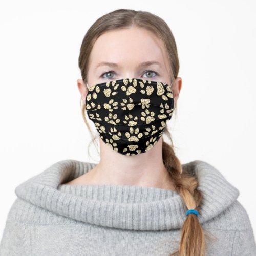 Gold Glitter Dog Paws Black Adult Cloth Face Mask