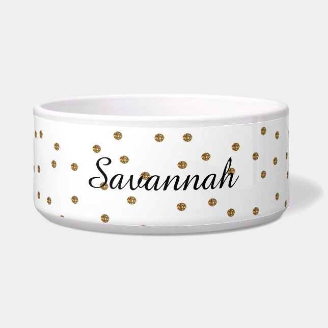 Gold Glitter Dots Custom Pet Bowl (Front)