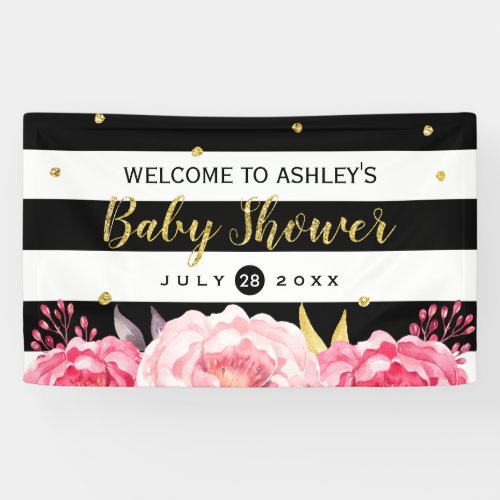 Gold Glitter Dots Floral Stripes Baby Shower Party Banner