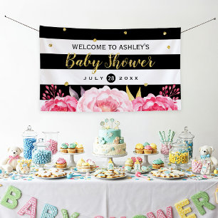 Gold Glitter Dots Floral Stripes Baby Shower Party Banner