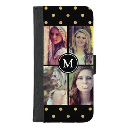 Gold Glitter Dots Girly Photo Collage Monogram iPhone 87 Plus Wallet Case