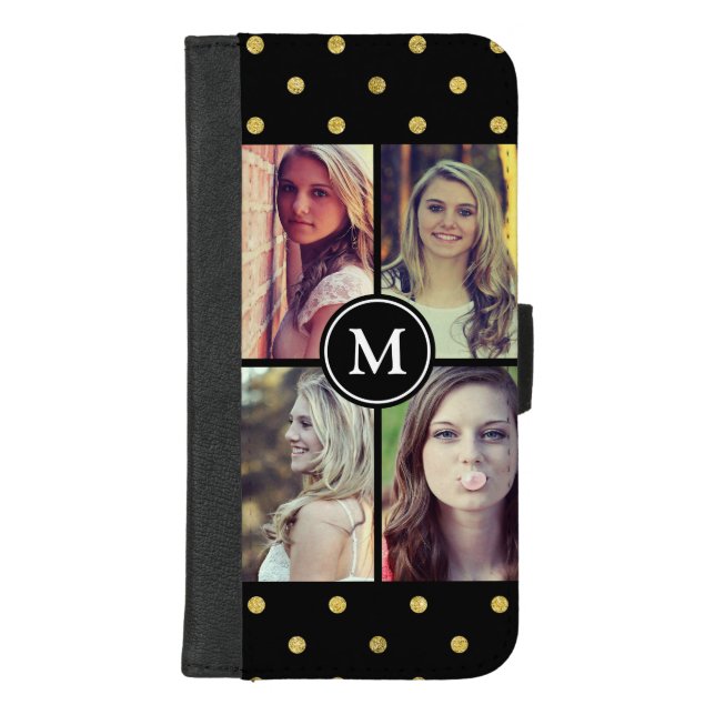 Gold Glitter Dots Girly Photo Collage Monogram iPhone Wallet Case (Front)