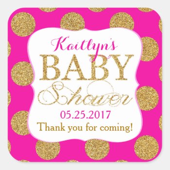 Gold Glitter Dots Hot Pink Baby Shower Label by NouDesigns at Zazzle