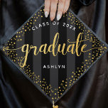 Gold glitter dots on black stripes name class graduation cap topper<br><div class="desc">Your favorite grad will stand out and make a statement when she wears this graduation cap topper! Let her celebrate her milestone with this stunning, modern, sparkly gold glitter dots and typography script against a black and dark grey striped background, tassel topper. Personalize the custom text with your grad’s name...</div>