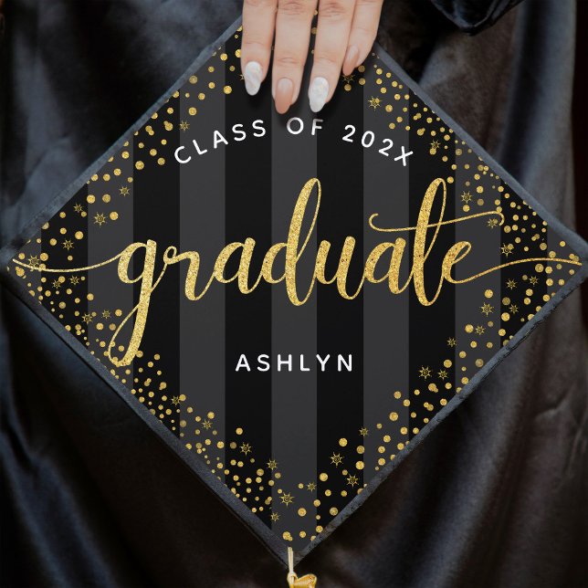 Gold glitter dots on black stripes name class graduation cap topper (Creator Uploaded)