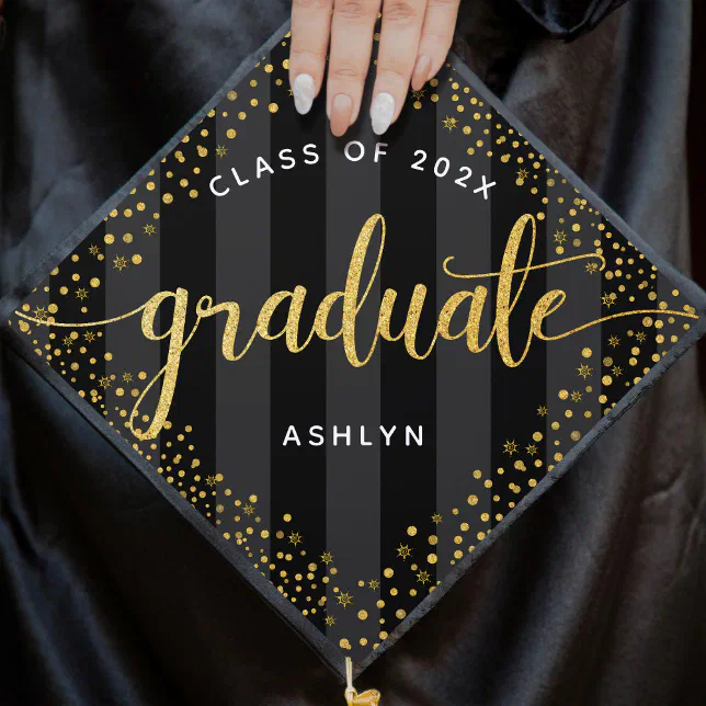 Gold glitter dots on black stripes name class graduation cap topper ...