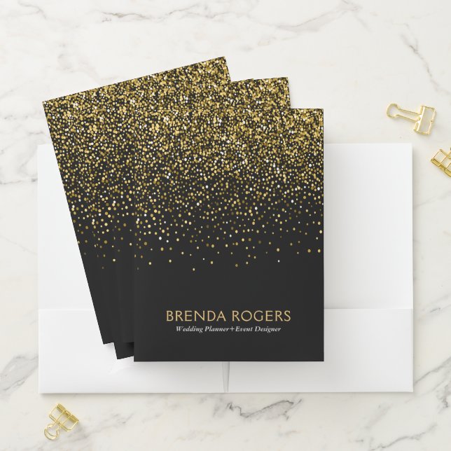 Gold glitter dots on custom black pocket folder (In Situ)