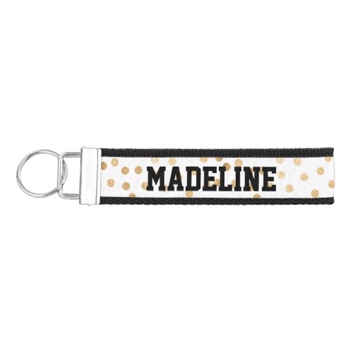 Gold Glitter Dots on White with Custom Text Wrist Keychain
